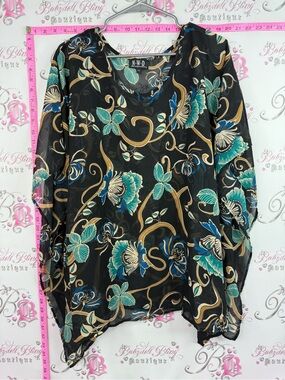 NWD blouse coverup Black Floral V-Neck Blouse with Teal and Gold Accents